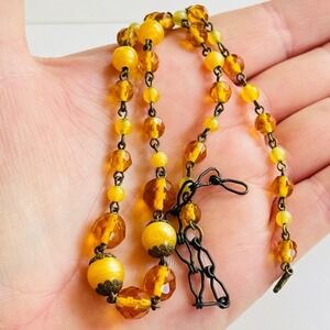 VTG Czech yellow Art glass beaded Necklace collar Flapper deco round Beads 18"